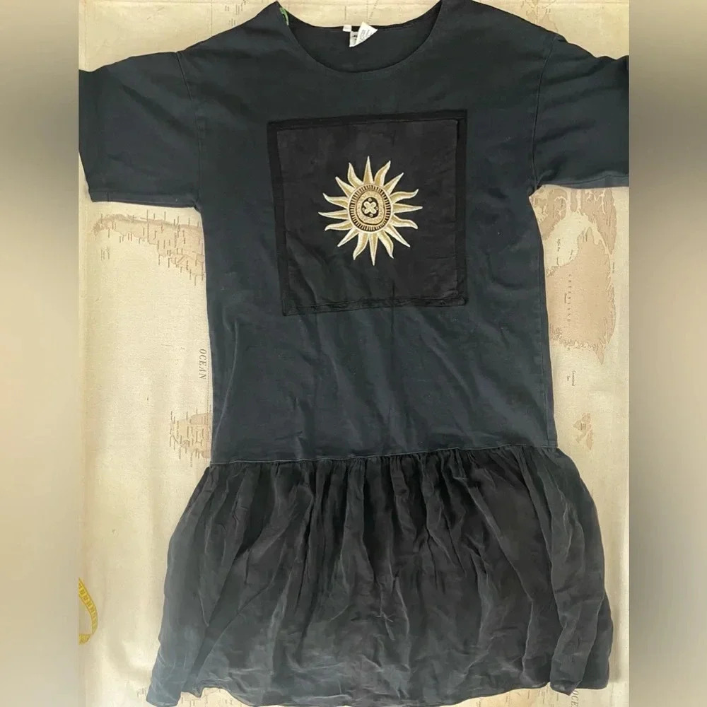 Vintage Johnny Was T-Shirt Dress Embroidered Cotton & Silk Size Medium Black